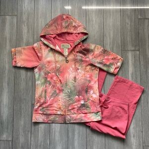 green tea womens floral tropical coral pink hoodie rhinestone pants capris set